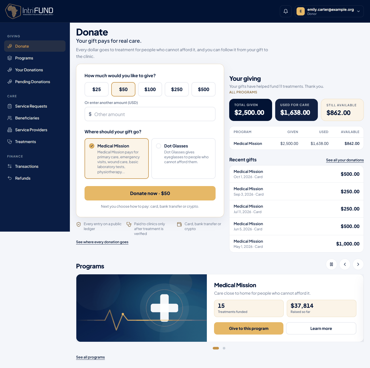 The Donate screen with preset amounts, the Where should your gift go choice, the Your giving summary and the program slider