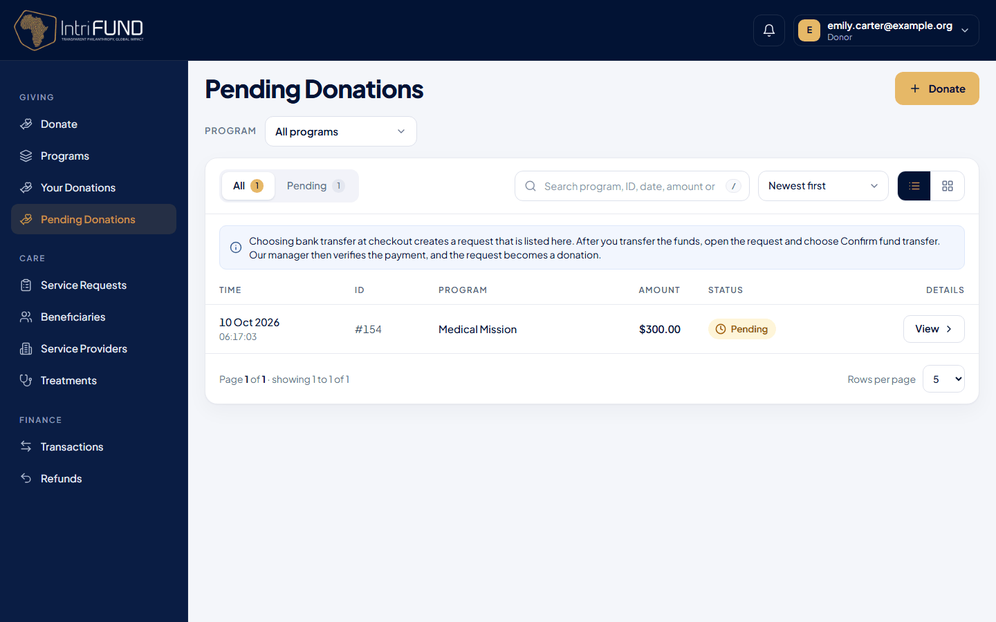 The Pending Donations list for a donor