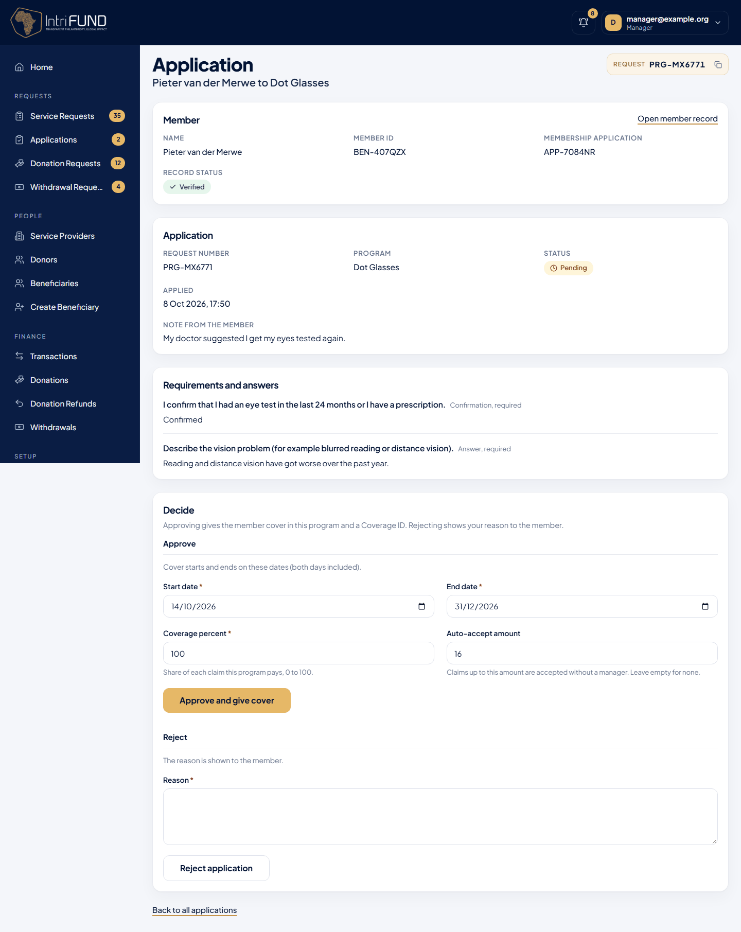 A program application showing the member, requirements and answers, with approve and reject