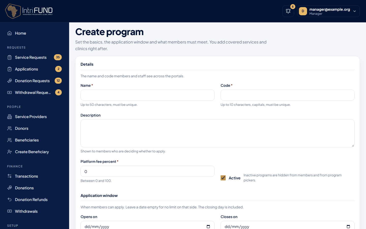 The Create program form with name, code, description, window and requirements