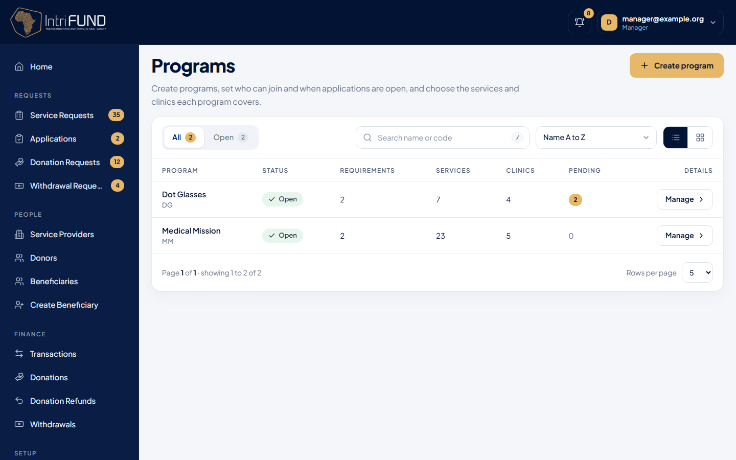 The Programs list with status, requirements, services and clinics for each program