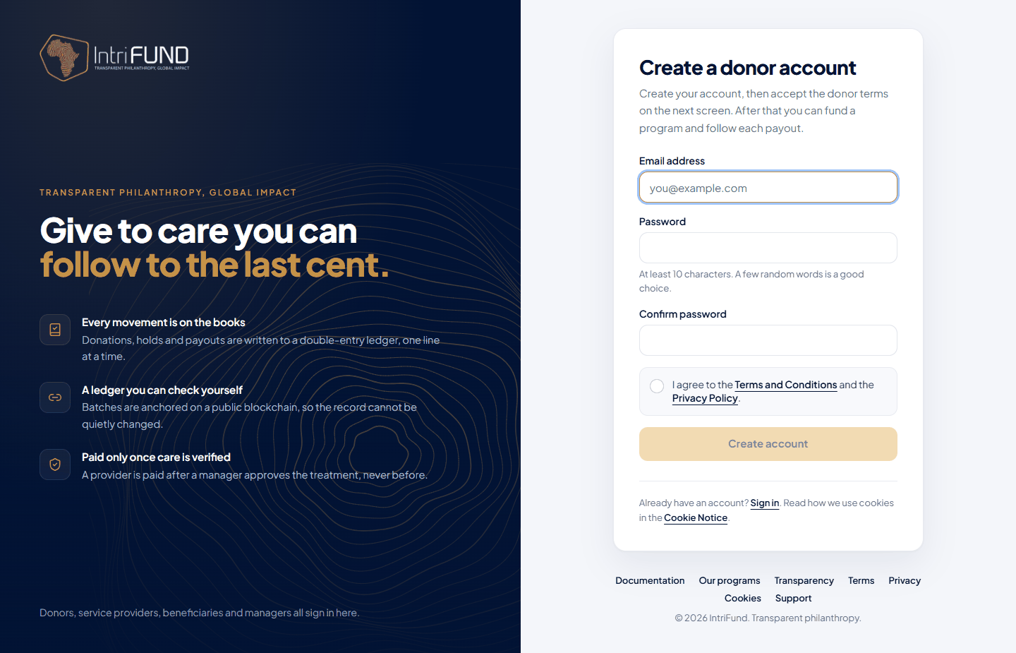 The Create a donor account form with email, password, confirm password and the terms checkbox