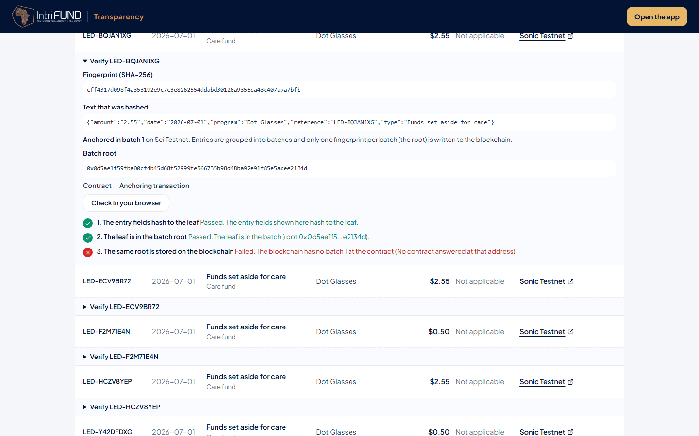 The Verify panel of a batch entry after pressing Check in your browser: checks 1 and 2 passed, check 3 failed because the test contract does not answer