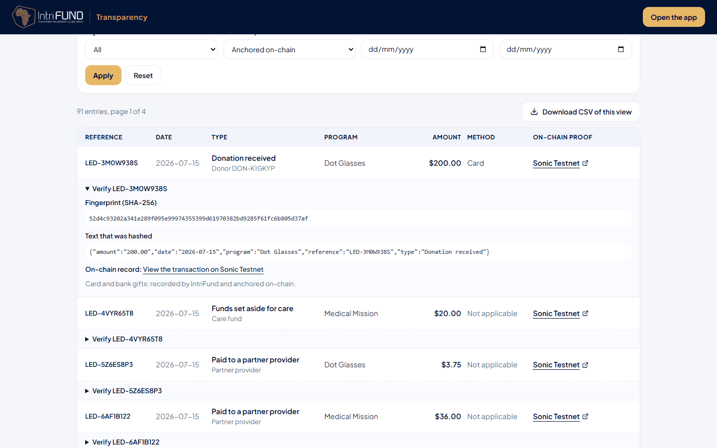 An entry on the Transparency page with the Verify panel open, showing the fingerprint, the hashed text and the link to the blockchain